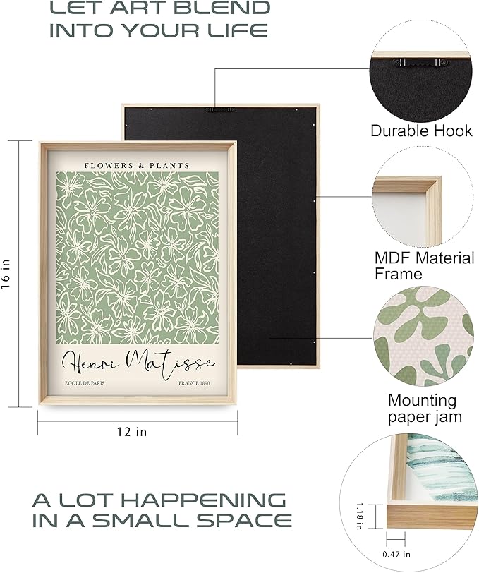 HesenDot Framed Matisse Sage Green Wall Art, William Morris Canvas Wall Decor