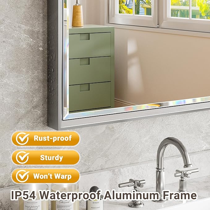 Silver Bathroom Mirror, Rustproof Rectangle Silver Framed Mirror
