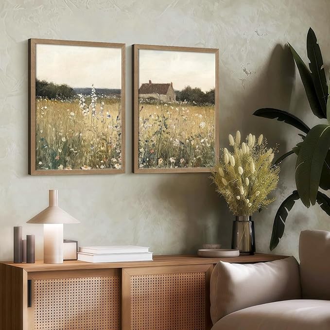 Two Framed Canvas Vintage Wildflower Wall Decor Country House and Wildflower Print Natural Botanical Landscape Wall Decor for Farmhouse Living Room or Bedroom 12x16 Inch