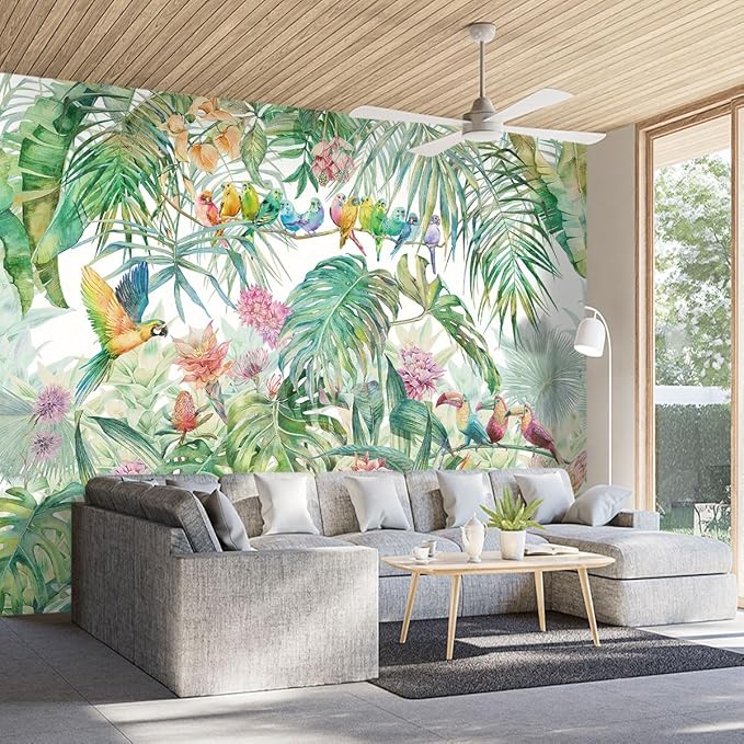 Tropical Green Botanical Flower Birds Leaf Wallpaper Bedroom Plant Floral Mural