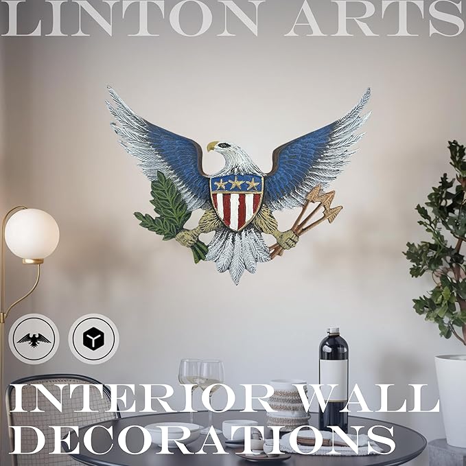 Linton Arts Eagle Decor Outdoor Wall Art – Cast Iron American Statue with Shield – Patriotic Metal Wall Hanging for Indoor & Outdoor – Eagle outdoor decor, Garage【eagles wall decor】
