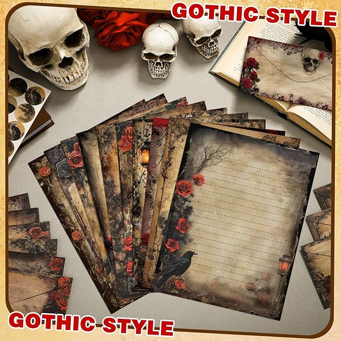 TaoBary 160 Pcs Stationery Paper Set 50 Double Sided Stationery Papers with 50 Matching Envelopes and 60 Round Dot Sticker, 10 Design(Gothic Style,8.5 x 11 Inch)