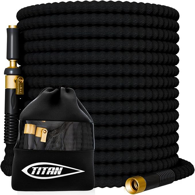TITAN 100 ft Garden Hose – Lightweight Flexible Water Hose, Kink-Free Non-Expanding, High Flow, Solid Brass Fittings, Leak-Proof with Nozzle