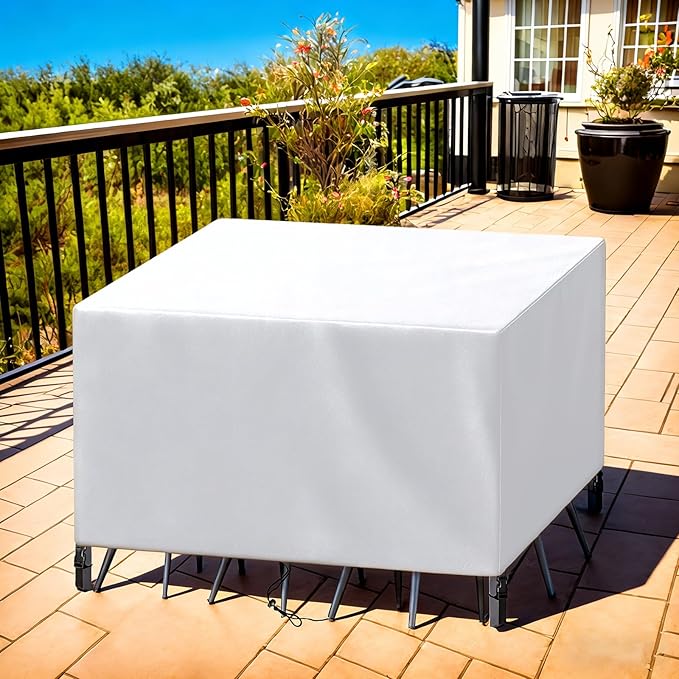 Patio Furniture Cover Rectangle 56"(L) x 56"(W) x 28"(H), Custom Heavy Duty 420D Waterproof Outdoor Cover with Drawstring & Buckles for Table Chair Garden, Silver