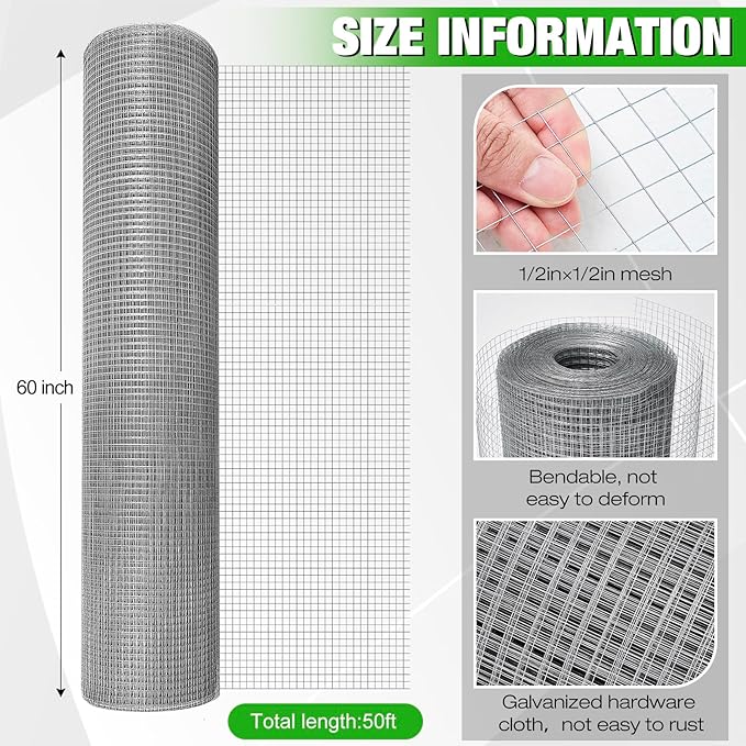 Tatuo Hardware Cloth 1/2 Inch 60in x 50ft Hot Dip Galvanized After Welded Cage Mesh Rolls 21 Gauge Metal Chicken Wire Mesh Roll Wire Fencing Poultry Netting for Raised Garden Rodent Animals
