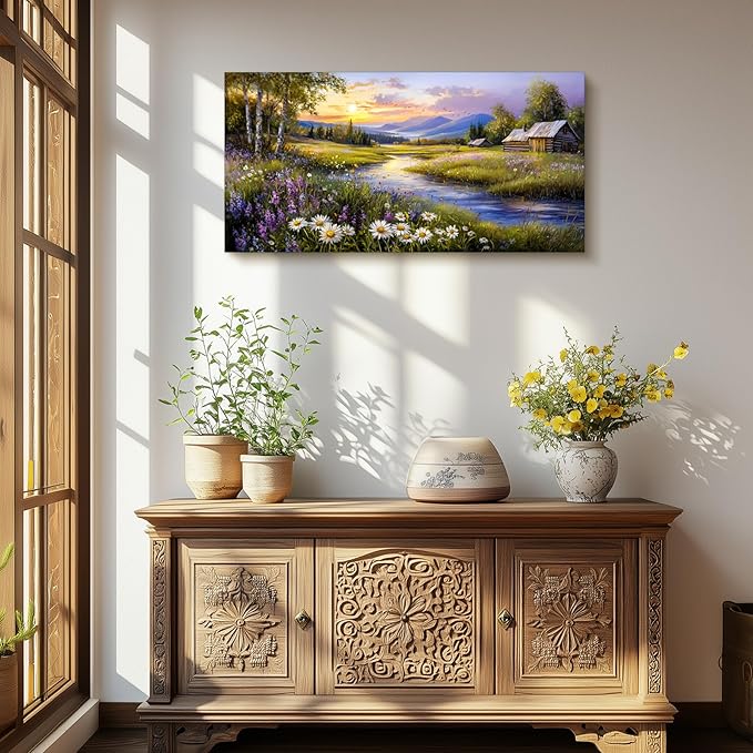 SERIMINO Large Wall Art for Living Room, River Landscape Wall Art, Meadow