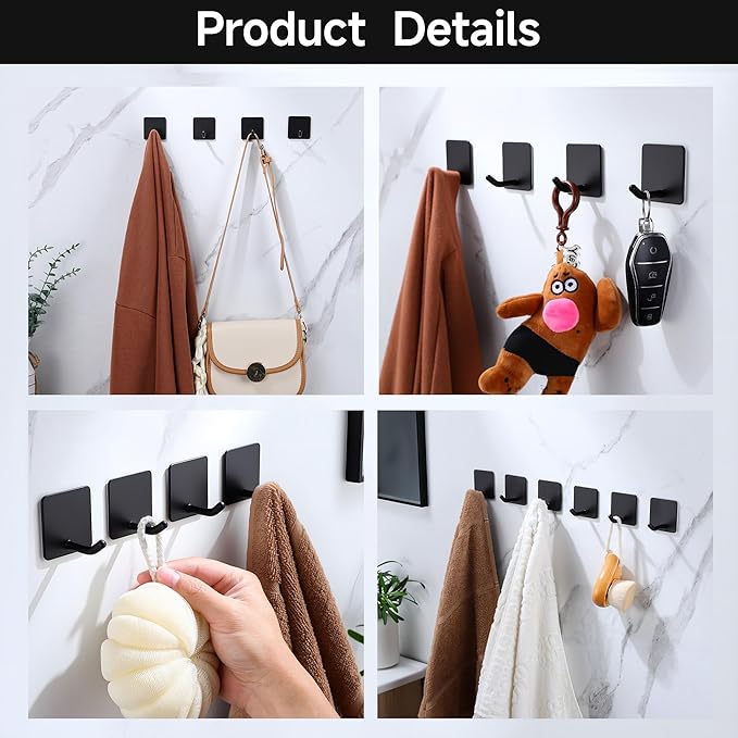 DELITON 6 Pack Towel Hooks for Hanging, Adhesive Hooks Stick on Wall for