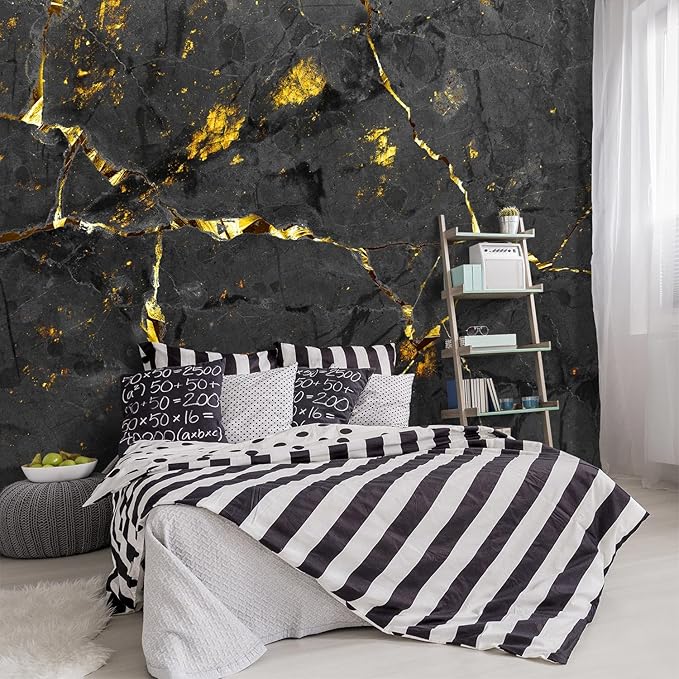 -Black and Gold Marbled Fabric Wallpaper Dark Abstraction Art Living Room