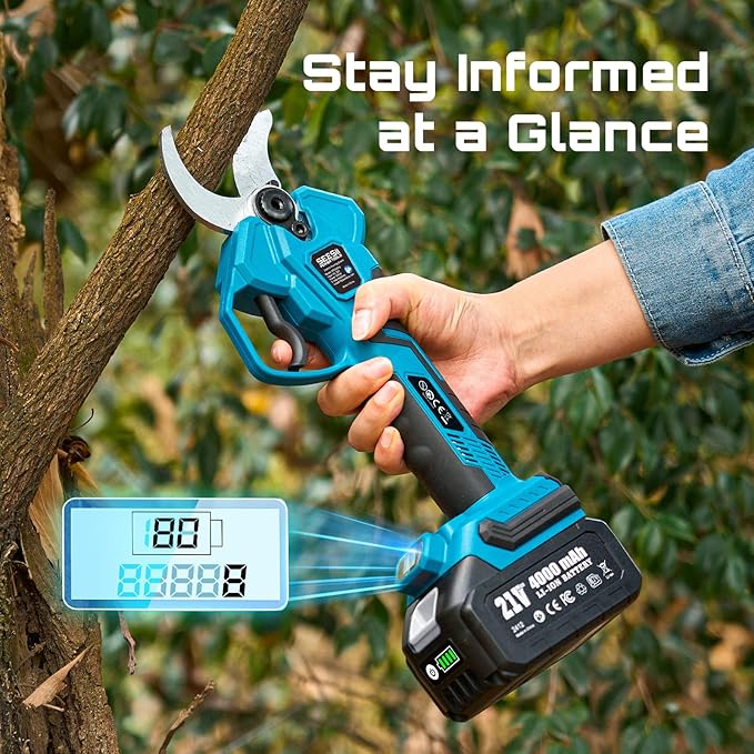 SEESII Electric Pruning Shears Cordless: Up to 1.6" Cutting Diameter Power Pruner - 2 Pcs 4.0Ah Batteries, Brushless Motor, Extra SK5 Blade, 4 Modes Adjustable Branch Cutter for Tree Flower Trimming