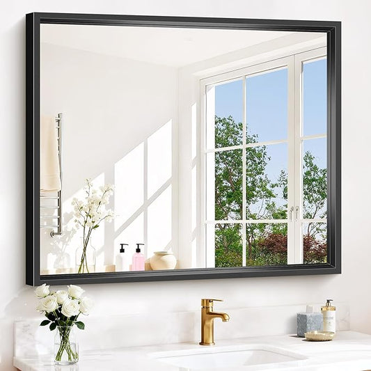Bathroom Mirror, 42 x 36 Inch Brushed Black Rectangle Mirror, 0.6" Thickened