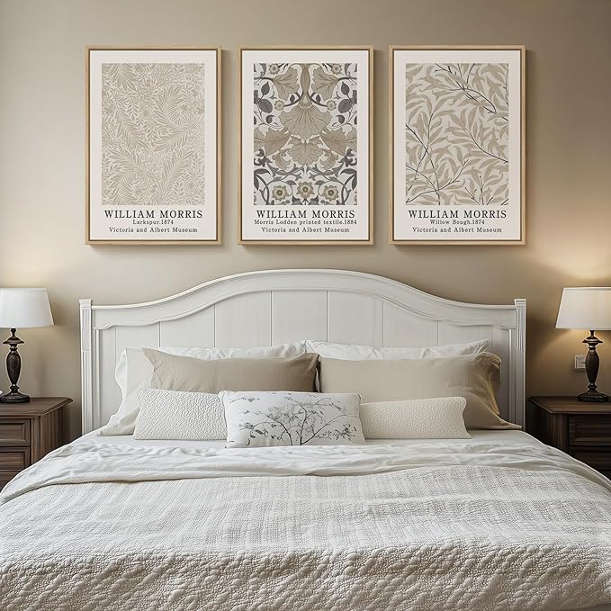 Framed Large William Morris Vintage Wall Art Set of 3, Large Neutral Botanical