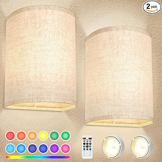 FINCMY Battery Operated Wall Sconces Set of Two, 18 RGB Colors Stick on Wall