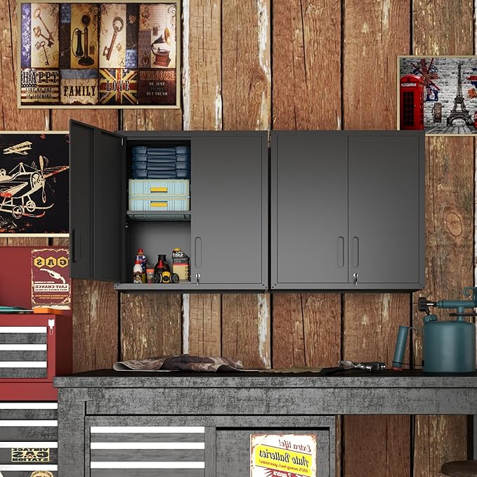 Garage Wall Cabinet with Doors and Shelves, Metal Wall Mounted Storage Cabinet