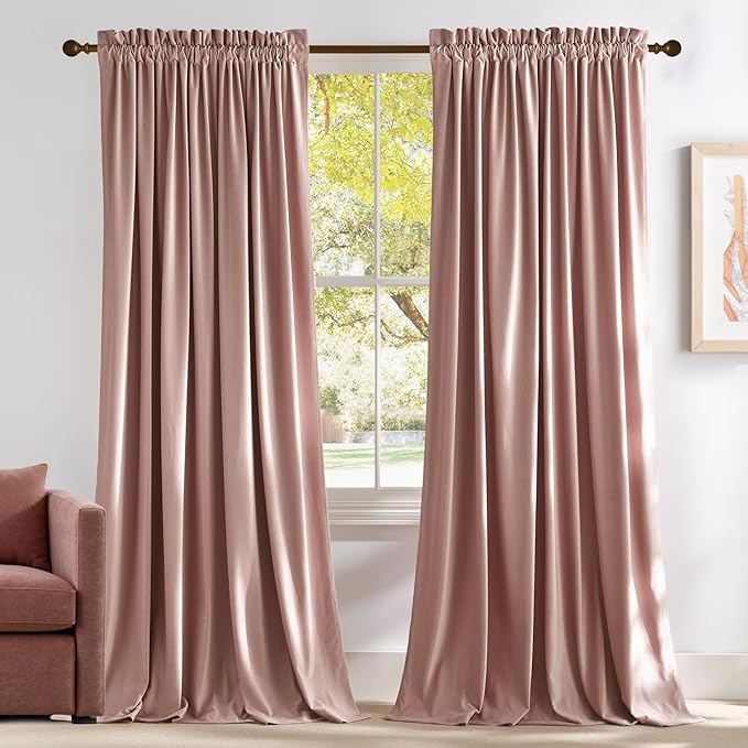 NICETOWN Room Darkening Dusty Pink Velvet Curtains 96 inch Length