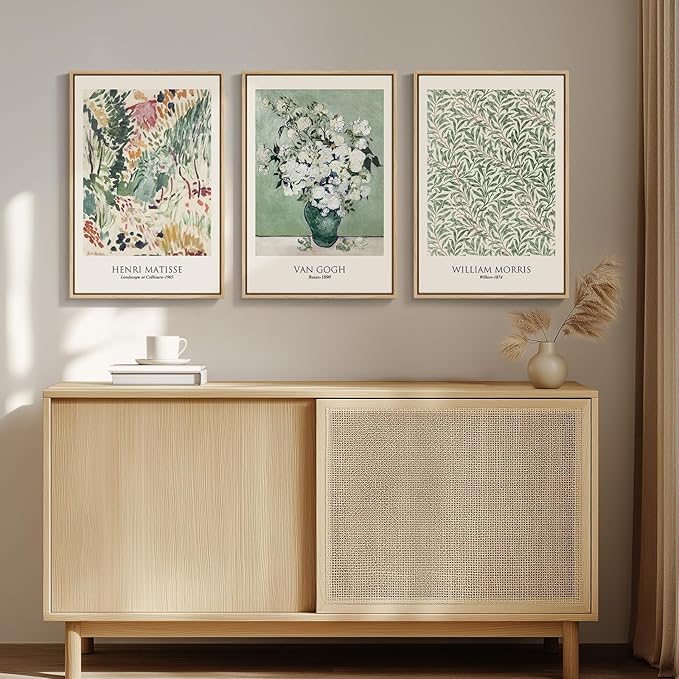 Framed Large Matisse Wall Art for Living Room, 3 Piece Vintage Sage Green