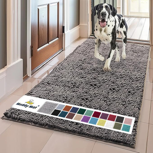 Muddy MatÂ® | Super Water Absorbent Door Mat Indoor, Microfiber Quick Dry Chenille Entryway Rug, Slip Resistant Front Door Mat, Indoor Mats for Entryway, Machine Washable Pet Rug, Charcoal 24" x 96"