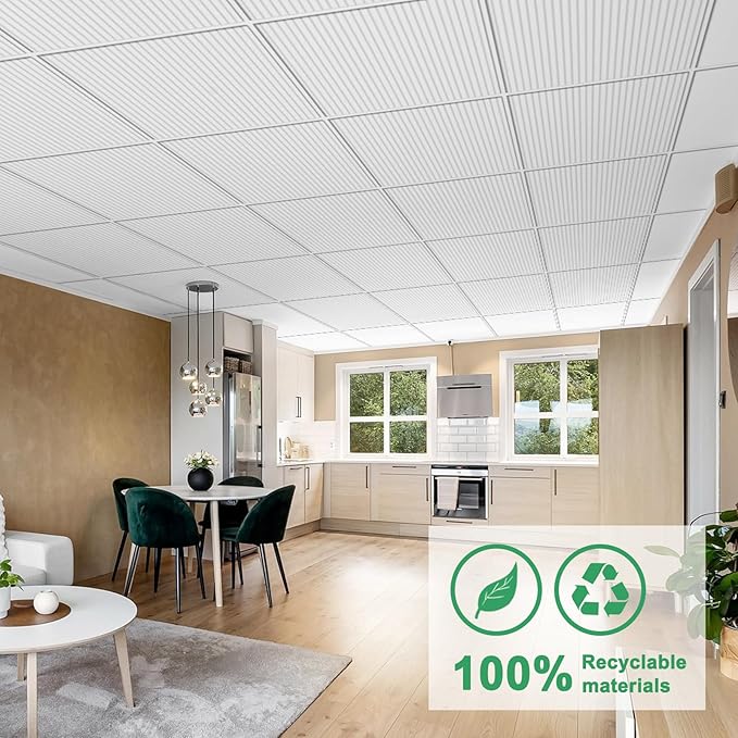 12 PCS 2ft x 2ft PVC White Slat Decorative Ceiling Tiles, Fluted Drop Ceiling