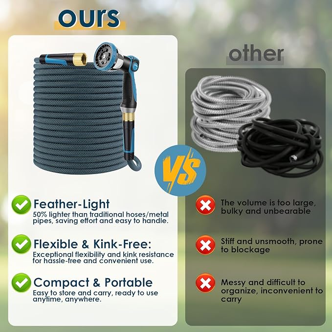 Non-Expandable Garden Hose 150 FT, Lightweight Hose with 10 Function Spray Nozzle, Kink-Free Flexible Water Hose, Durable, Leak-Proof, 360° Swivel Connectors, Portable Storage Strap
