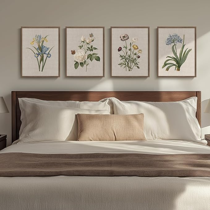 Framed Botanical Floral Wall Art, 4 Piece Vintage Flower Canvas Painting Prints