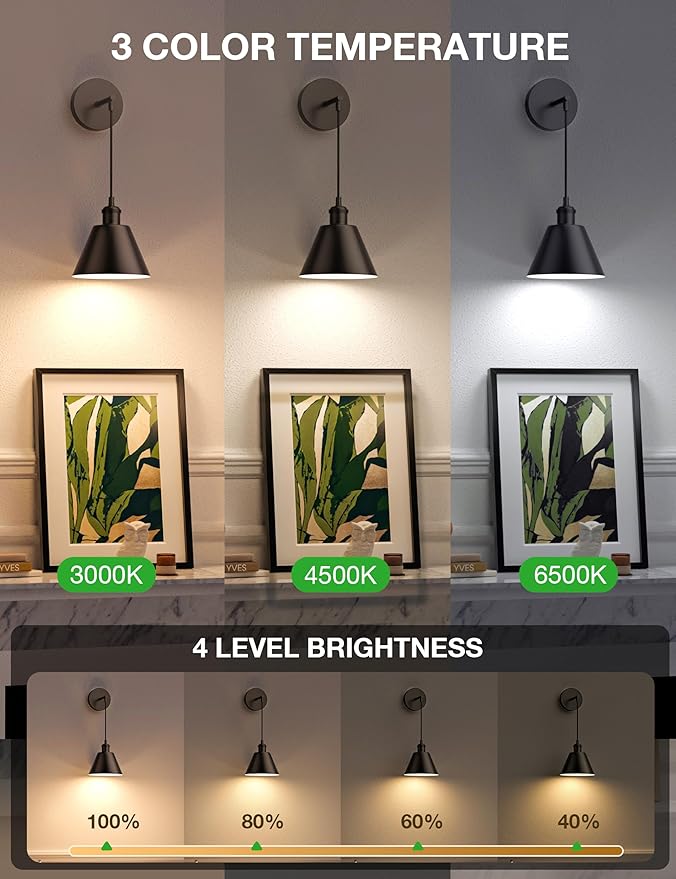 NIORSUN Matte Black Battery Operated Wall Sconce Set of 2, 5200mAh Dimmable