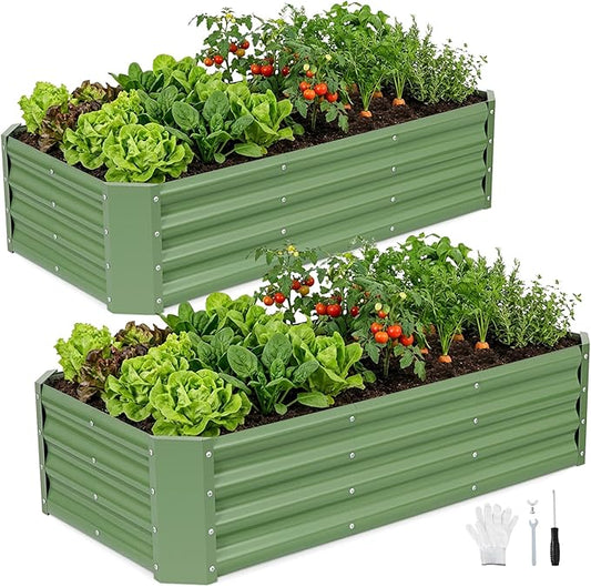 INNO STAGE 2 Pcs 4Ã2Ã1ft Galvanized Raised Garden Bed Kit, Galvanized Planter Raised Garden Boxes Outdoor, Large Metal Raised Garden Beds for Vegetables, Flowers, Herbs, OliveGreen