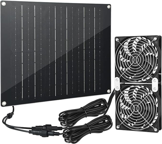 Solar Powered Fan, 30W Large Solar Fan Exhaust Dual Exhaust Fan, Equipped with Two IPX7 Waterproof Fans, Suitable for air Ventilation & Circulation in Chicken Coops, Greenhouses, Sheds, Pet Houses