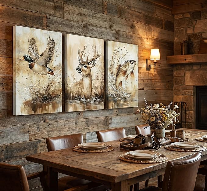 3Pcs Rustic Outdoor Wildlife Canvas Wall Art,Watercolor Deer Duck And Fish Wall Decor Pictures,Vintage Farmhouse Hunting Posters Prints,for Living Room Bathroom Kitche Home Decoration