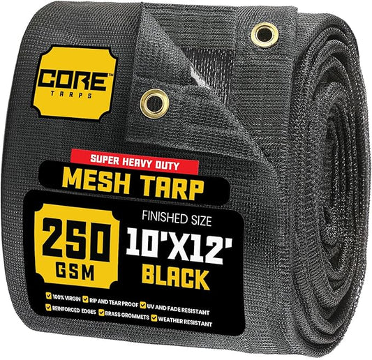 Core Tarps 60% Black Shade Cloth with Grommets - 10 X 12 FT Heavy Duty Mesh Tarp - Sun Shade Cloth for Garden Vegetables Plants Greenhouse Outdoors Backyard Fences Dump Trucks Patio Mesh Shade Tarp