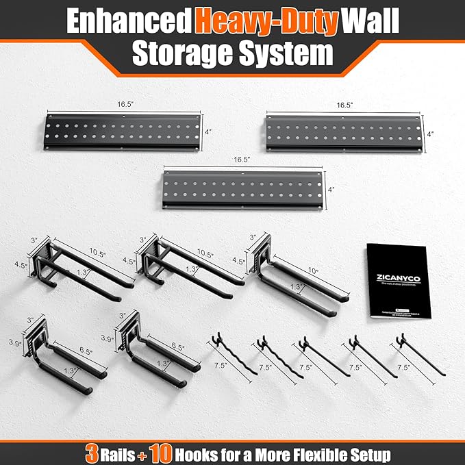Garage Tool Organizer Wall Mount 49.5 inches with 10 Adjustable Heavy-Duty Hooks, Garage Organization, Garden Tool Storage Rack, Yard, and Shed, Holds Up to 400 lbs