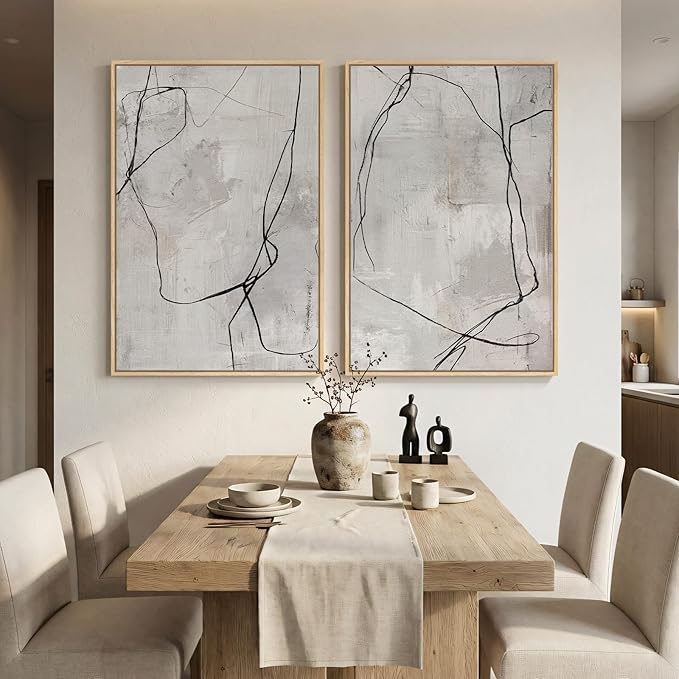 Large Framed Neutral Line Abstract Wall Art Set of 2