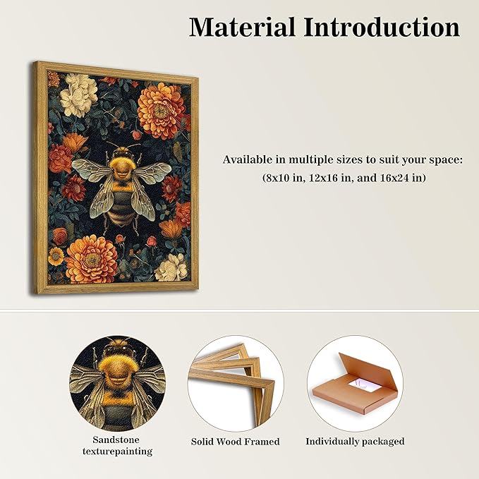 Framed Hand Drawn Sandstone Bee Wall Art, 3D Textured Nature Botanical Wall