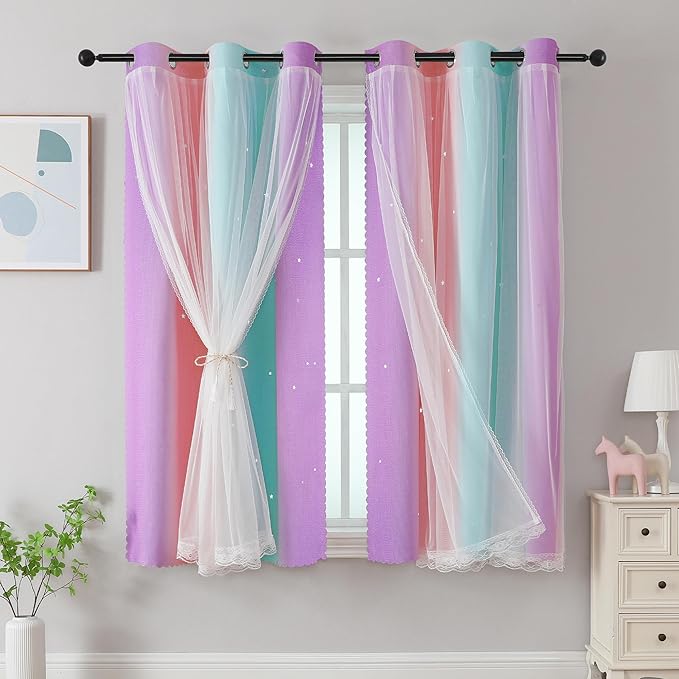 XiDi Curtains for Bedroom Kids Rainbow Pink Purple Green Curtains for Girls