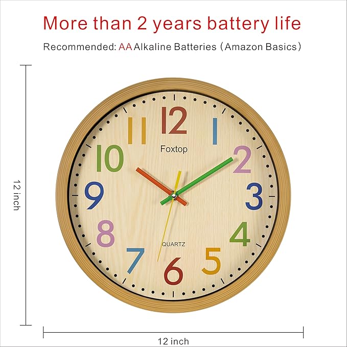 Foxtop Silent Kids Wall Clock 12 Inch Non-Ticking Battery Operated Colorful