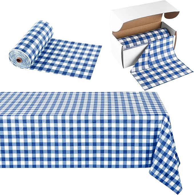 Kochorie 54 Inch x 300 Ft Blue Checkered Plastic Table Cloth Roll Disposable