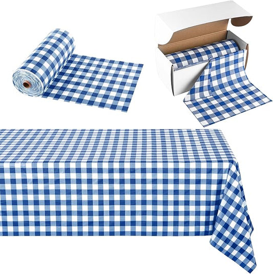 Kochorie 54 Inch x 300 Ft Blue Checkered Plastic Table Cloth Roll Disposable