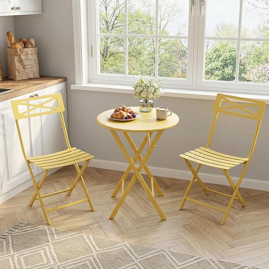 Outdoor Round Bistro Set 3 Piece, Yellow Iron Patio Furniture Set with Round Table & 2 Chairs, Foldable Steel Backyard Deck Porch Garden Furniture, Space Saving Outdoor Dining Set for Small Spaces