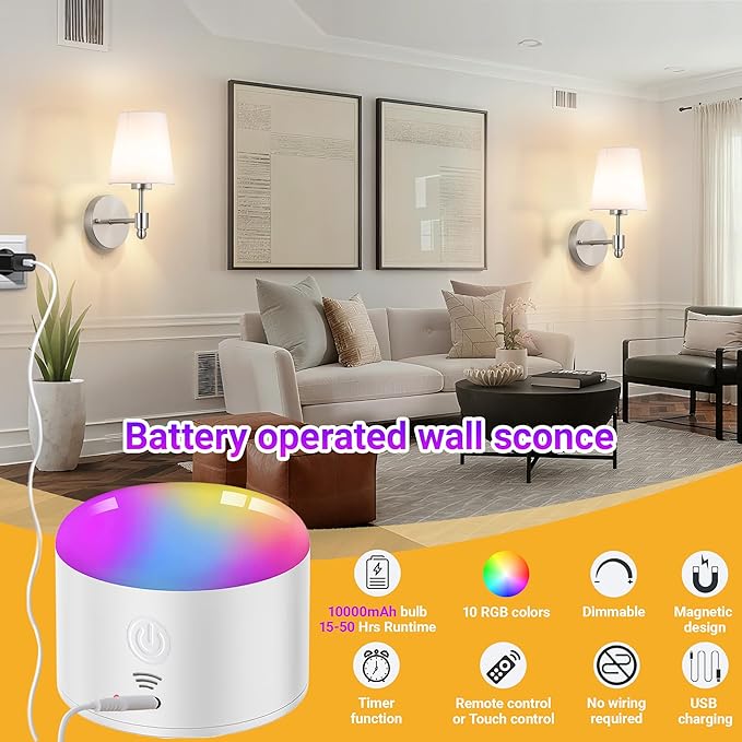 YHCDLAMP Battery Operated Wall Sconces Set of Two, Rechargeable Wireless Wall