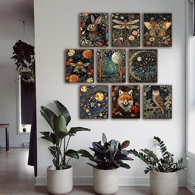 Morris Wall Paintings Poster Set of 9, Vintage Rabbit Fox Starry Sky Bee