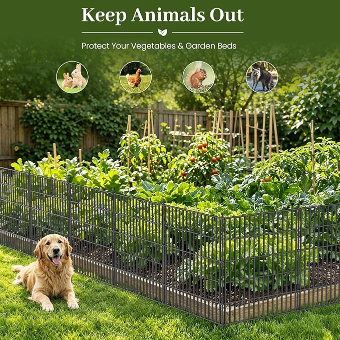 10 Panels No Dig Decorative Outdoor Garden Fence with Gate for Yard, 24 in(H) X 20 ft(L) Animal Barrier Fencing Rustproof Metal Wire Panel Border for Dog, Rabbits, and Patio Temporary Ground Stakes