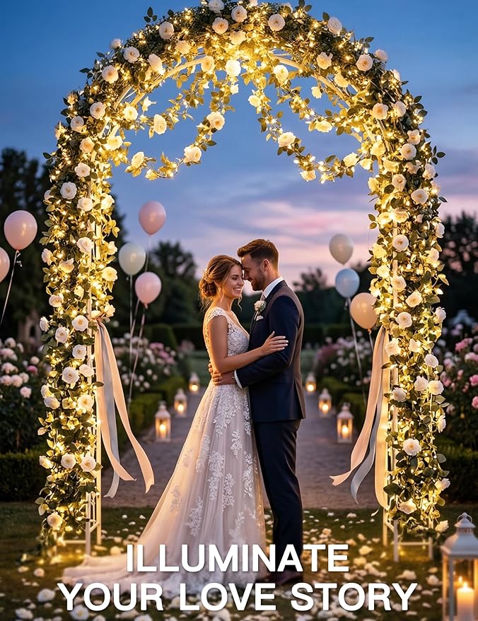 suddus Flower Garland with White Camellia Fairy Lights Indoor, 60 LED Vines