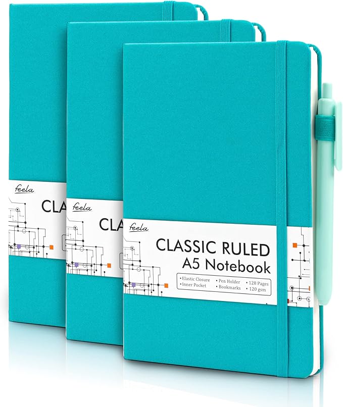 feela 3 Pack Notebooks Journals Bulk with 3 Black Pens, A5 Hardcover Notebook Classic Ruled Lined Journal Set with Pen Holder for Work Business Journaling Note Taking, 120 GSM, 5.1”x8.3”, Emerald