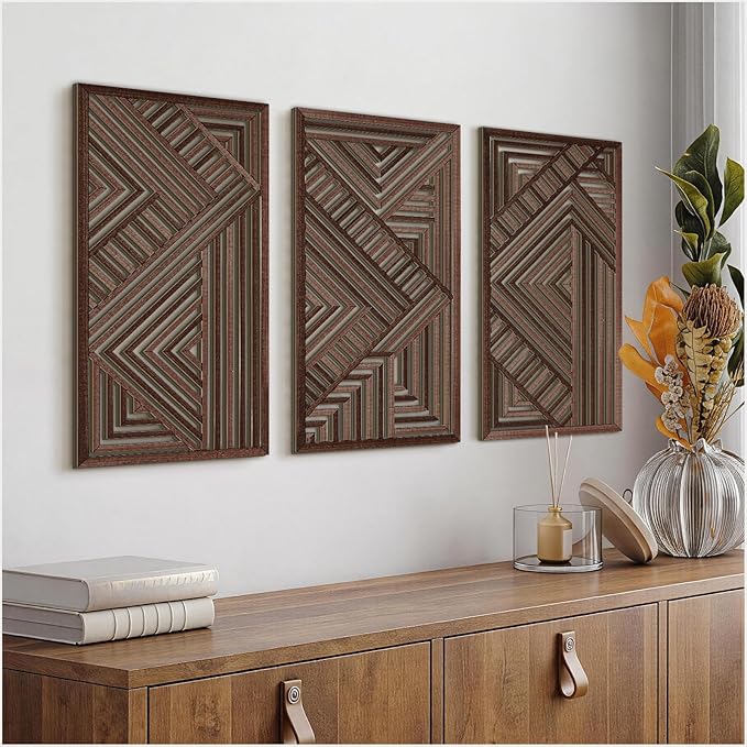 VIYYIEA Boho Solid Wood Carved Wall Art Set of 3, Geometric Minimalist Wooden