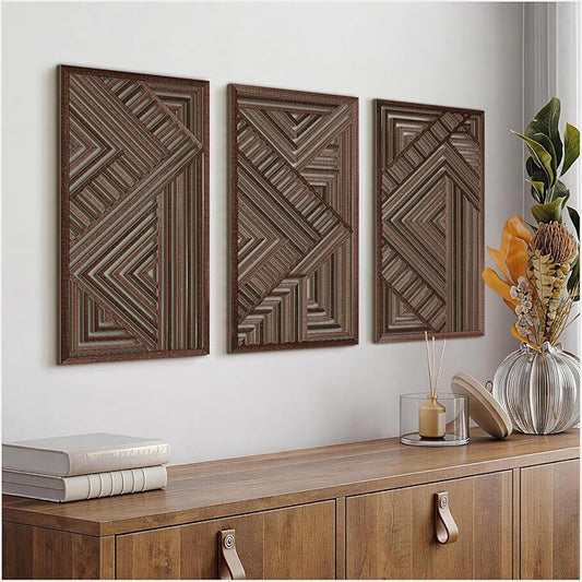 VIYYIEA Boho Solid Wood Carved Wall Art Set of 3, Geometric Minimalist Wooden