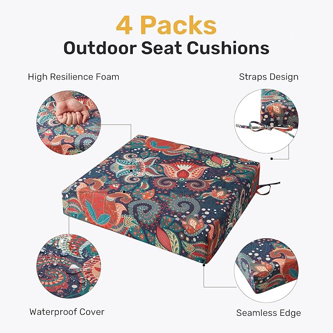 UNIKOME Outdoor Chair Cushions Pack of 4, Water Resistant Patio Cushions with Ties, High Density Sponge Filling Square Corner Seat Cushions for Outdoor Furniture, 24"*24"*4", Boho