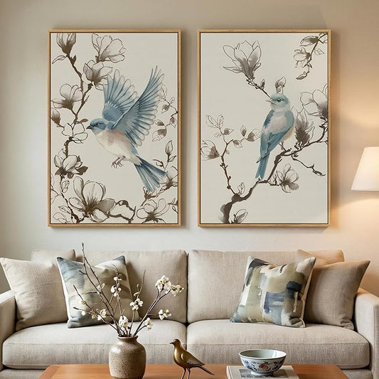 Framed Vintage Botanical Bird Wall Art, 2 Piece Neutral Minimalist Floral