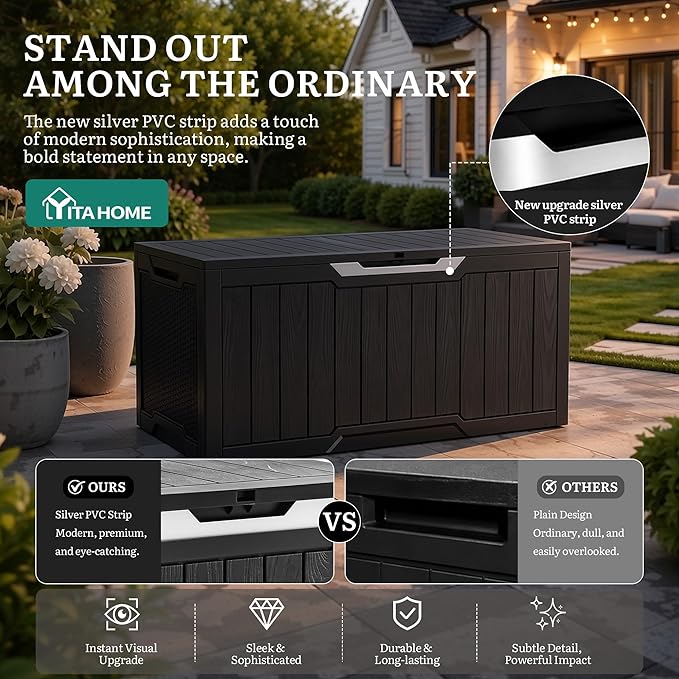 YITAHOME 100 Gallon Large Outdoor Storage Box, Water Resistant Resin Deck Box w/Silver Decorative PVC Trim Pane, Lockable Rattan Storage Container for Patio, Garden, Cushions, Tools(Black & Silver)