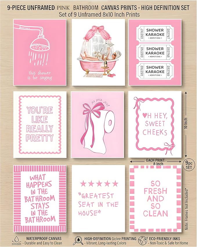 tgguytiy 9Pcs Pink Bow Bathroom Wall Art Prints, Coquette Bowknot Aesthetic