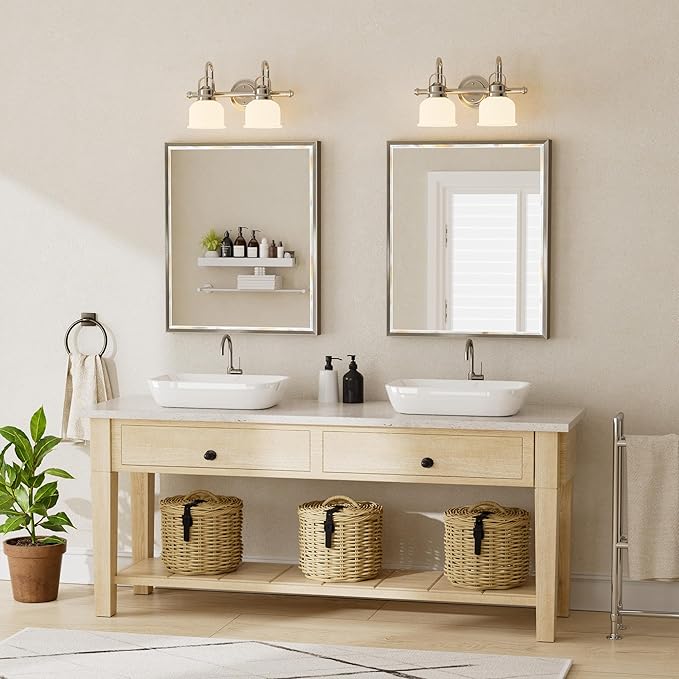 Brushed Nickel Bathroom Mirror, 30x36 Inch Beveled Framed Bathroom Mirror