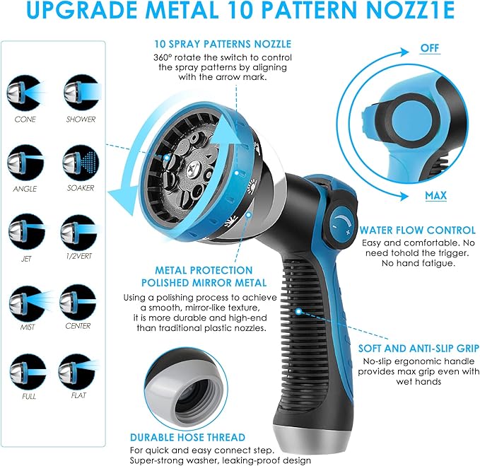 Non-Expanding Garden Hose 75 ft, Kink Free Flexible Water Hose with 10-Pattern Spray Nozzle, Lightweight Hose Pipe, Leak Proof, 3/4" Swivel Connectors, Super Fabric, Portable Storage Strap