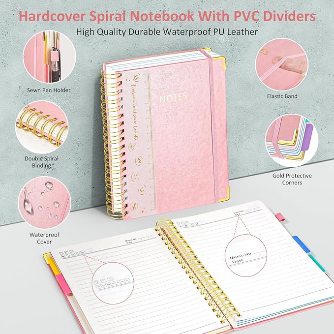 Hardcover Spiral Notebook Journal, 8"x10" Large B5 Notebooks with Removable Dividers Tabs, 300 Pages Leather 5 Subject Notebook College Ruled, Journal for Work School Note, 100 GSM Thick Paper,Pink